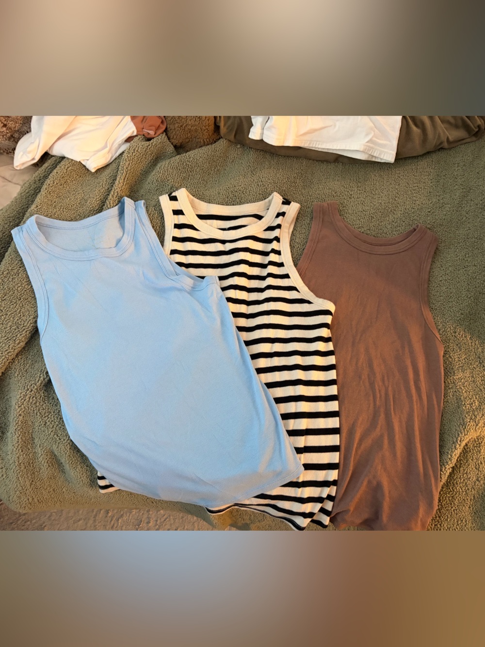 Three-Pack Ribbed Tank Tops - Light Blue, Black & White Stripe, Mauve